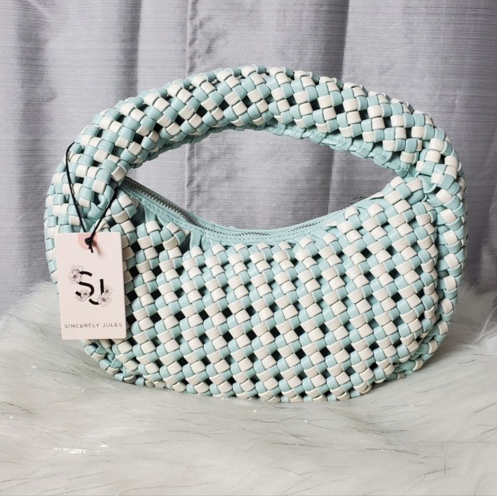Woven Blue & White Vegan Leather Shoulder Bag Faux Leather Sincerely Jules NEW